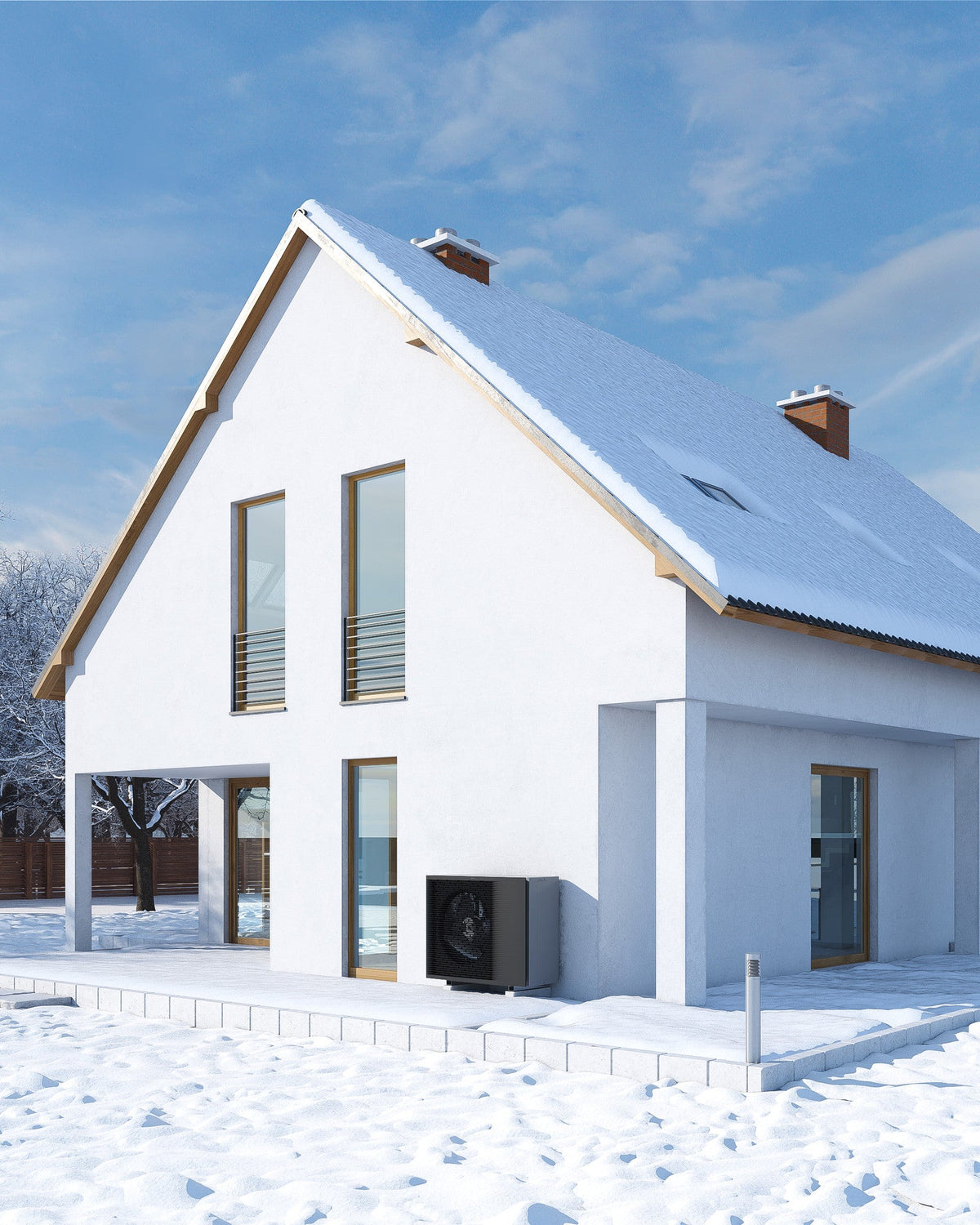 DAIKIN Altherma 3 H HT vonkajšia jednotka 16 kW EPRA16DV37 — vonkajšia jednotka pri rodinnom dome v zime