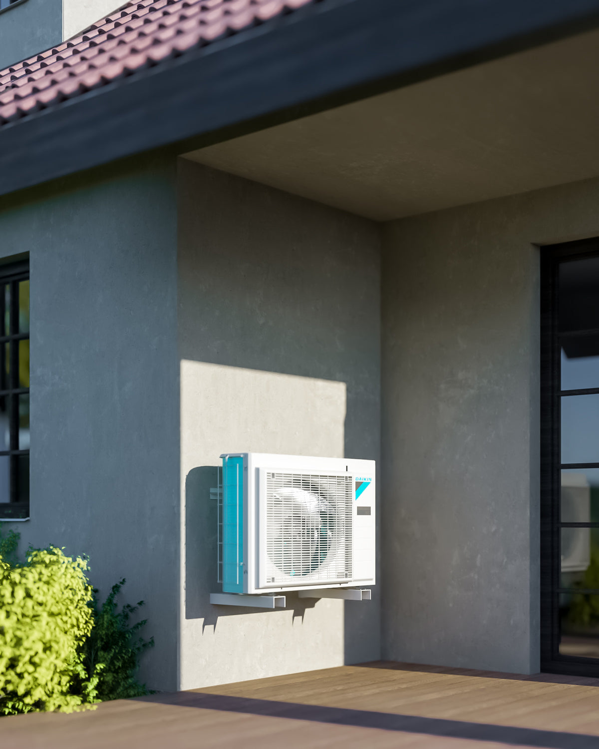 DAIKIN Altherma 3 R vonkajšia jednotka 4 kW ERGA04EV — vonkajšia jednotka na konzole na fasáde domu