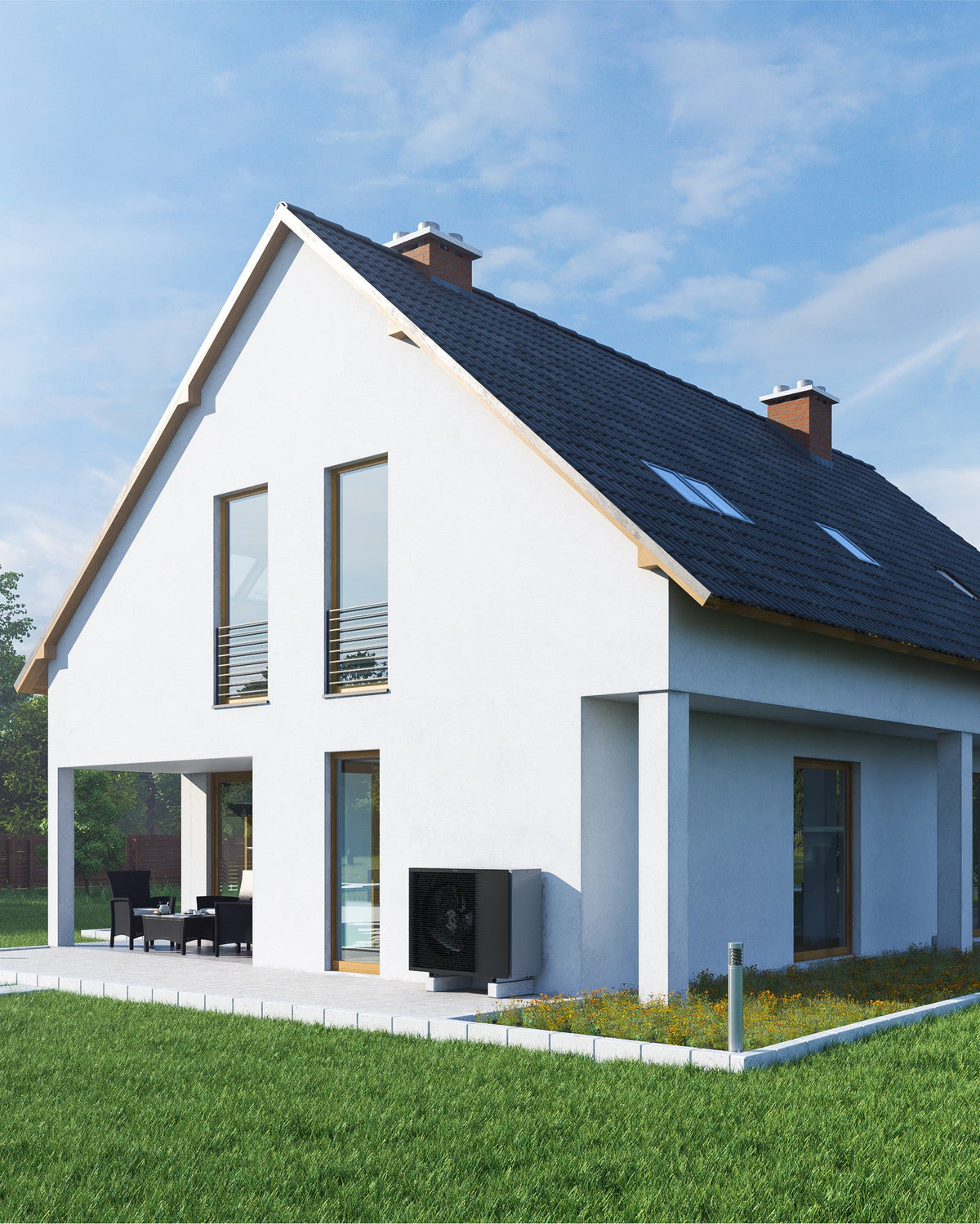 DAIKIN Altherma 3 H HT vonkajšia jednotka 16 kW EPRA16DV37 — vonkajšia jednotka pri rodinnom dome, pohľad zo záhrady