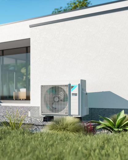 DAIKIN Altherma 3 R vonkajšia jednotka 8 kW ERGA08EVH7 — vonkajšia jednotka pri modernom dome so záhradou