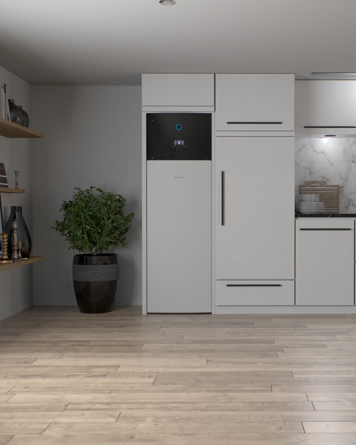 DAIKIN Altherma 3 R XL 11 kW – 180 l · 1 zóna — vnútorná jednotka v interiéri, kuchynská linka