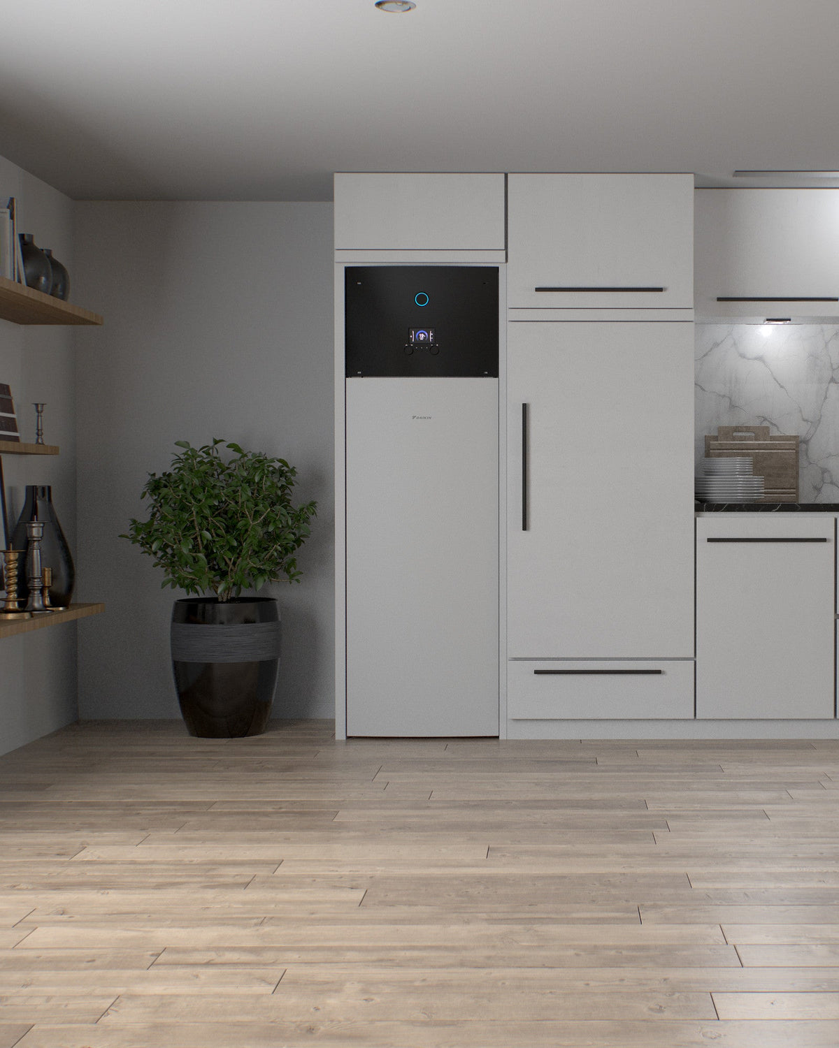 DAIKIN Altherma 3 R XL 16 kW – 180 l · 1 zóna, 3f — vnútorná jednotka v interiéri, kuchynská linka